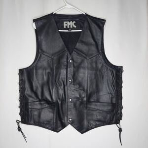 FMC Mens Leather Vest 46 Black Side Laced Grommet Snap Front V-Neck Pockets